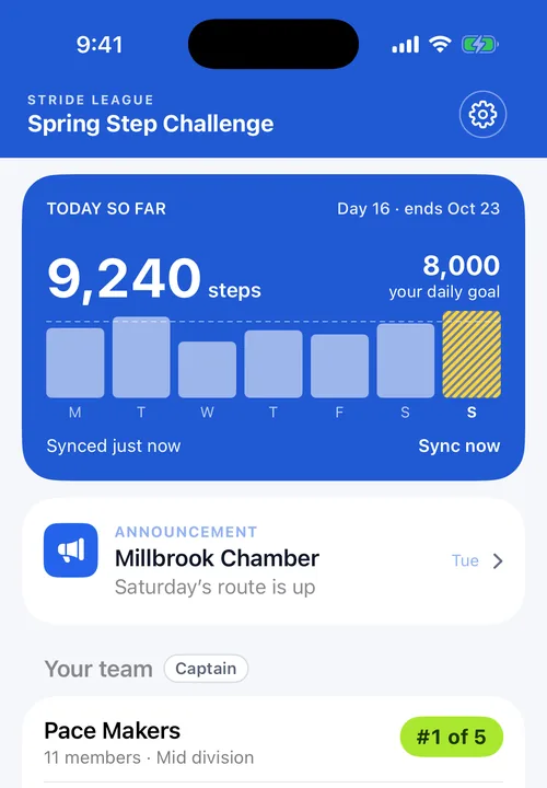 The iPhone app’s Home: today’s steps against the goal, the week, the organizer’s announcement and the team card