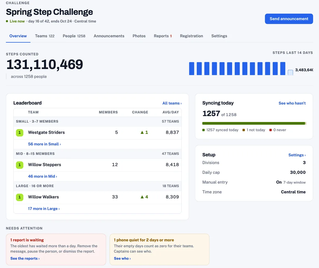 The organizer console’s Overview for a 1,258-person challenge: steps counted, the fourteen-day chart, the leaderboard by division, who synced today, and the two things needing attention