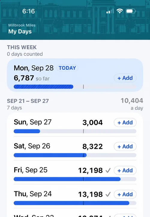 The iPhone app’s My Days: each day of the week with its steps, the goal mark on every bar, and Add for typing a day in